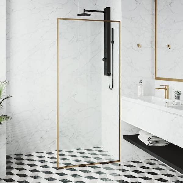 Meridian Fixed Frame Shower Screen in Matte Brushed Gold with Clear Glass
