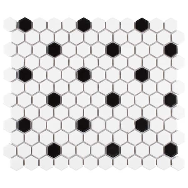 Merola Tile, Madison Hex 1 in. Matte Cool White w/Black Dot