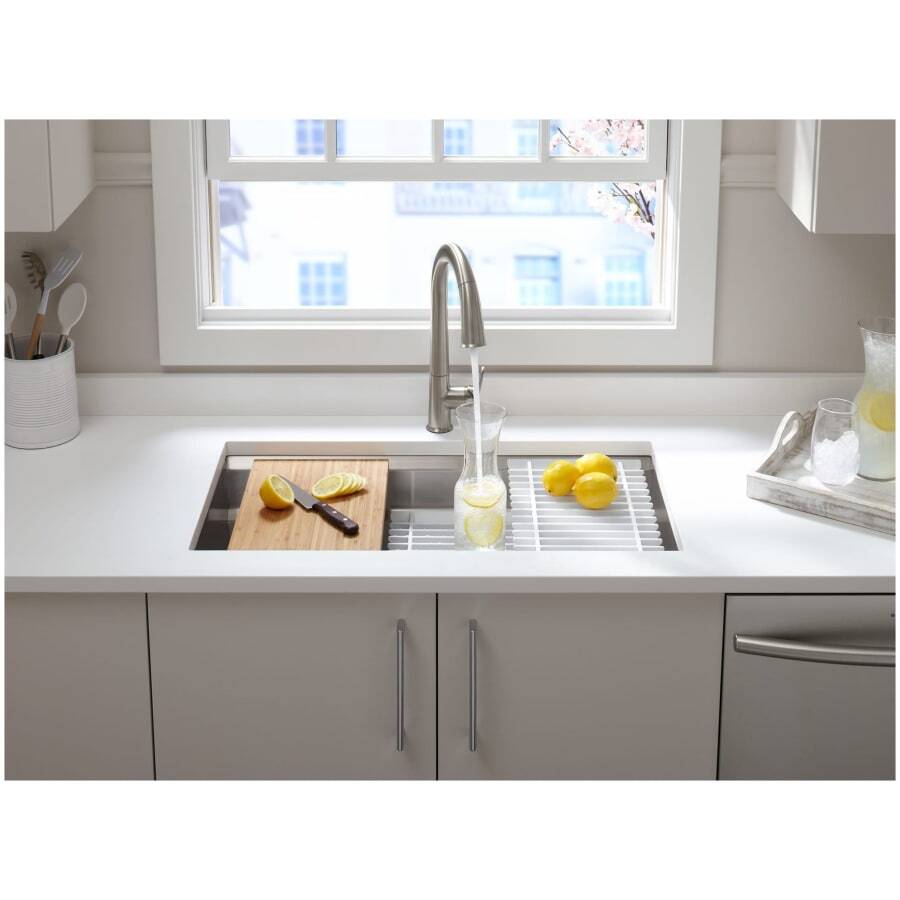 Prolific 29" Undermount Stainless Steel Single Basin Kitchen Sink with SilentShield Technology, Bamboo Cutting Board, 2 Multipurpose Racks, Colander, and Washbin