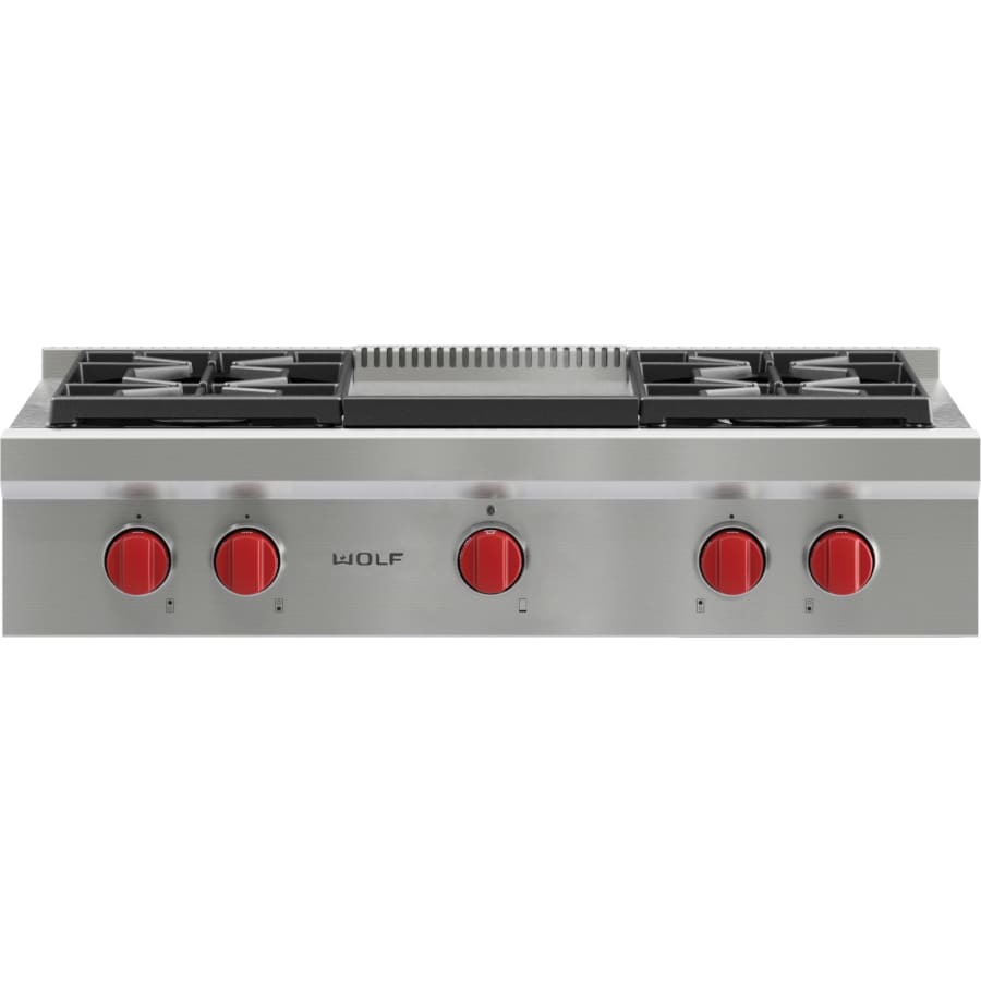 Wolf 36 Inch Wide 4 Burner Gas Rangetop with Infrared Griddle